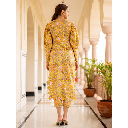SHAAKHA Yellow Floral Printed Balloon Sleeve V-Neck Kurta With Pant & Dupatta (Set of 3)