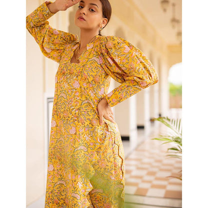 SHAAKHA Yellow Floral Printed Balloon Sleeve V-Neck Kurta With Pant & Dupatta (Set of 3)