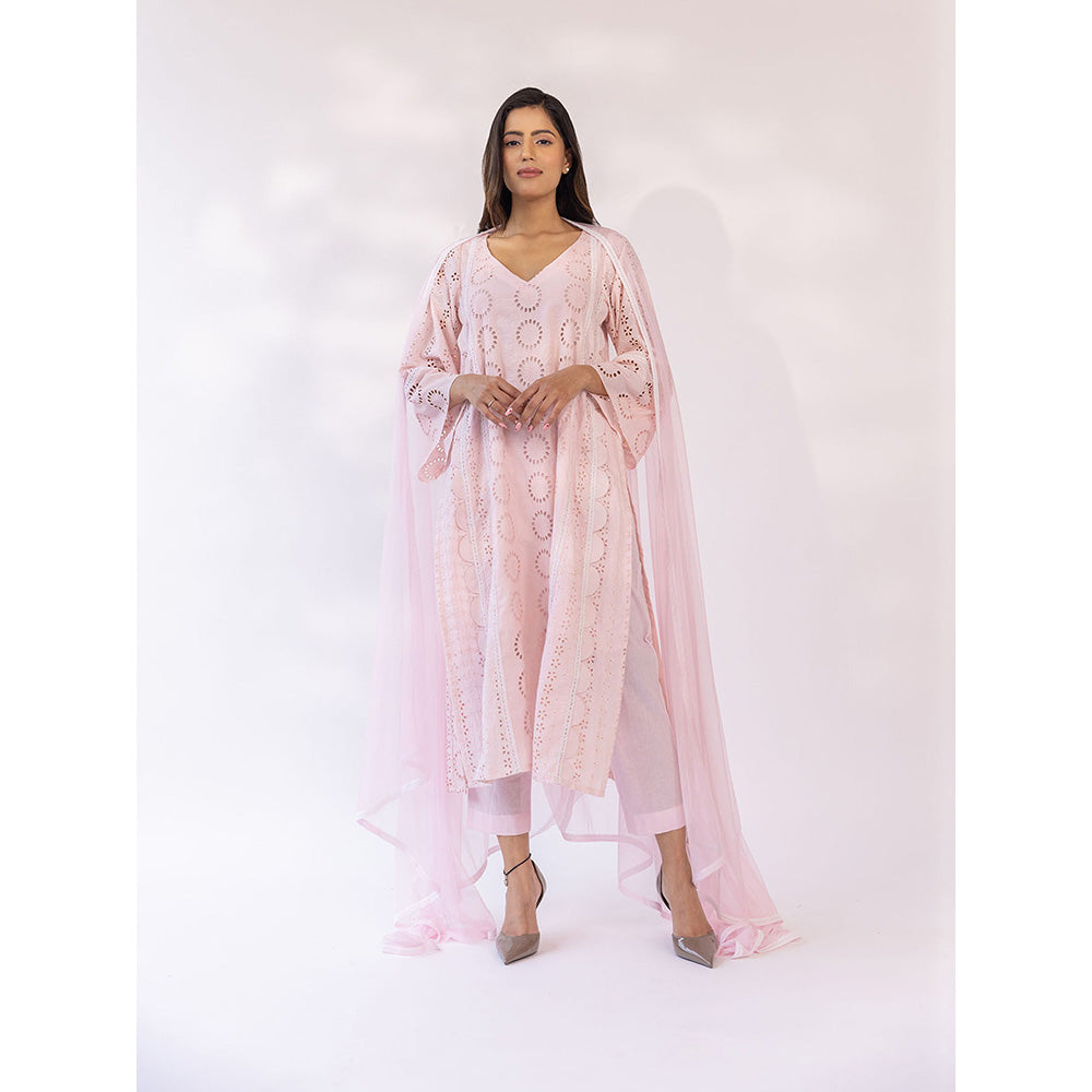 SHAAKHA Pink Embroidered Lace Work Full Sleeves V-Neck Kurta With Pant & Dupatta (Set of 3)