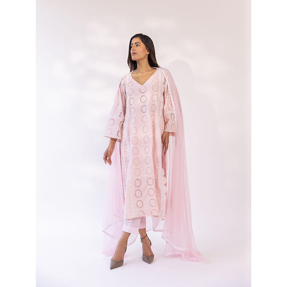 SHAAKHA Pink Embroidered Lace Work Full Sleeves V-Neck Kurta With Pant & Dupatta (Set of 3)