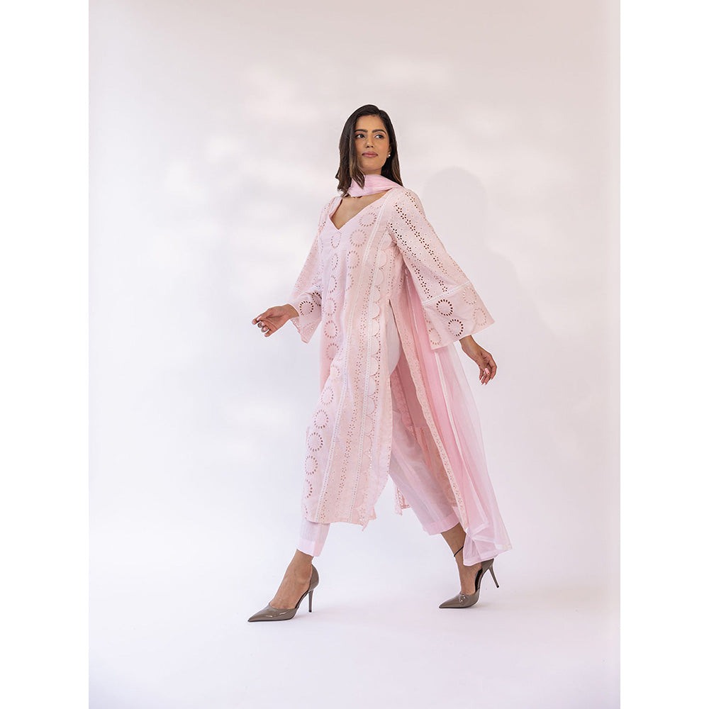 SHAAKHA Pink Embroidered Lace Work Full Sleeves V-Neck Kurta With Pant & Dupatta (Set of 3)