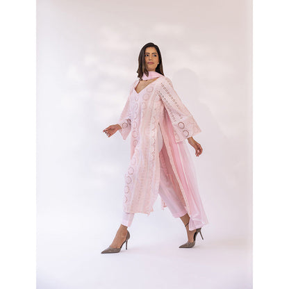 SHAAKHA Pink Embroidered Lace Work Full Sleeves V-Neck Kurta With Pant & Dupatta (Set of 3)