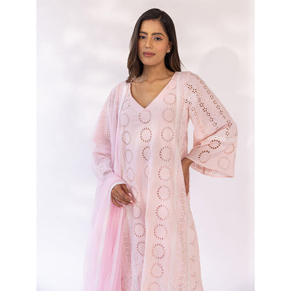 SHAAKHA Pink Embroidered Lace Work Full Sleeves V-Neck Kurta With Pant & Dupatta (Set of 3)