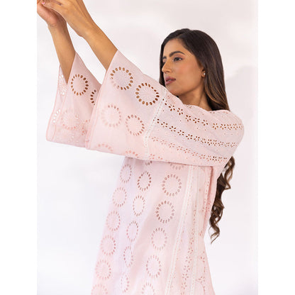 SHAAKHA Pink Embroidered Lace Work Full Sleeves V-Neck Kurta With Pant & Dupatta (Set of 3)