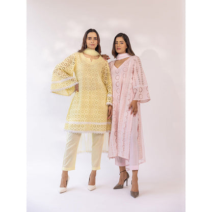 SHAAKHA Pink Embroidered Lace Work Full Sleeves V-Neck Kurta With Pant & Dupatta (Set of 3)