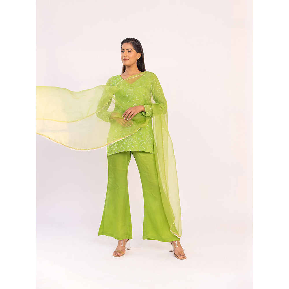 SHAAKHA Green Embroidered Sequined Full Sleeves V-Neck Kurta With Pant & Dupatta (Set of 3)