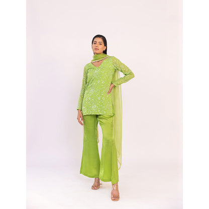 SHAAKHA Green Embroidered Sequined Full Sleeves V-Neck Kurta With Pant & Dupatta (Set of 3)