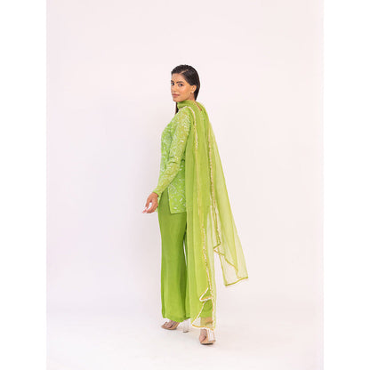 SHAAKHA Green Embroidered Sequined Full Sleeves V-Neck Kurta With Pant & Dupatta (Set of 3)