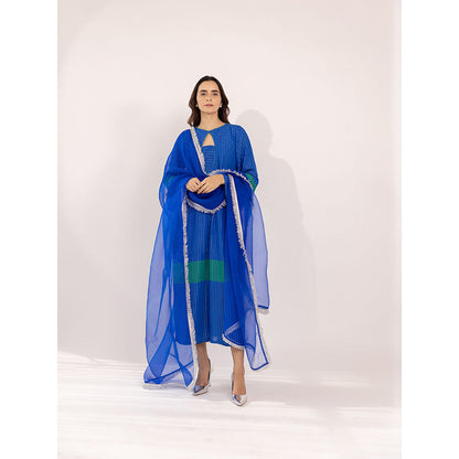 SHAAKHA Blue Stripes Woven Full Sleeves Keyhole Neck Kurta With Pant & Dupatta (Set of 3)