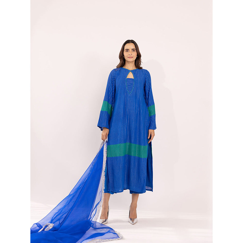 SHAAKHA Blue Stripes Woven Full Sleeves Keyhole Neck Kurta With Pant & Dupatta (Set of 3)