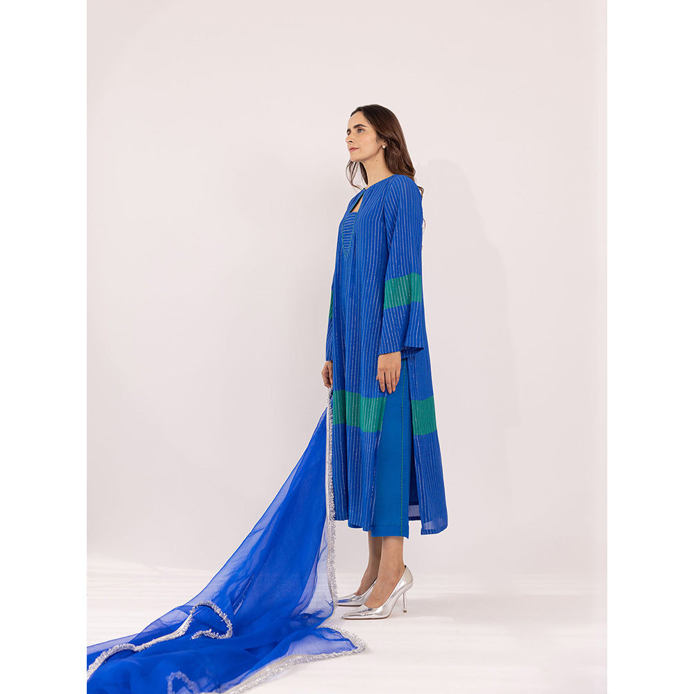 SHAAKHA Blue Stripes Woven Full Sleeves Keyhole Neck Kurta With Pant & Dupatta (Set of 3)