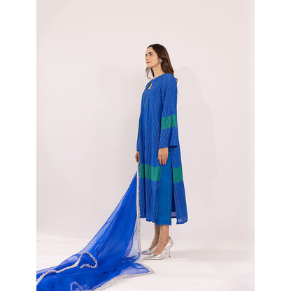 SHAAKHA Blue Stripes Woven Full Sleeves Keyhole Neck Kurta With Pant & Dupatta (Set of 3)