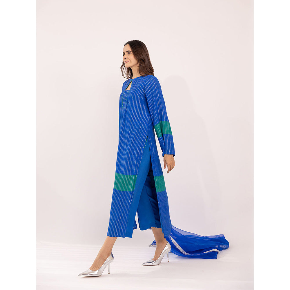 SHAAKHA Blue Stripes Woven Full Sleeves Keyhole Neck Kurta With Pant & Dupatta (Set of 3)