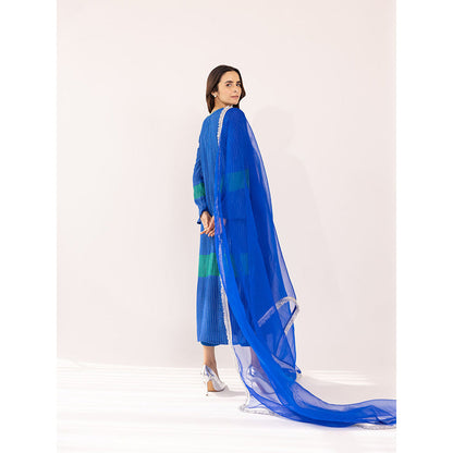 SHAAKHA Blue Stripes Woven Full Sleeves Keyhole Neck Kurta With Pant & Dupatta (Set of 3)