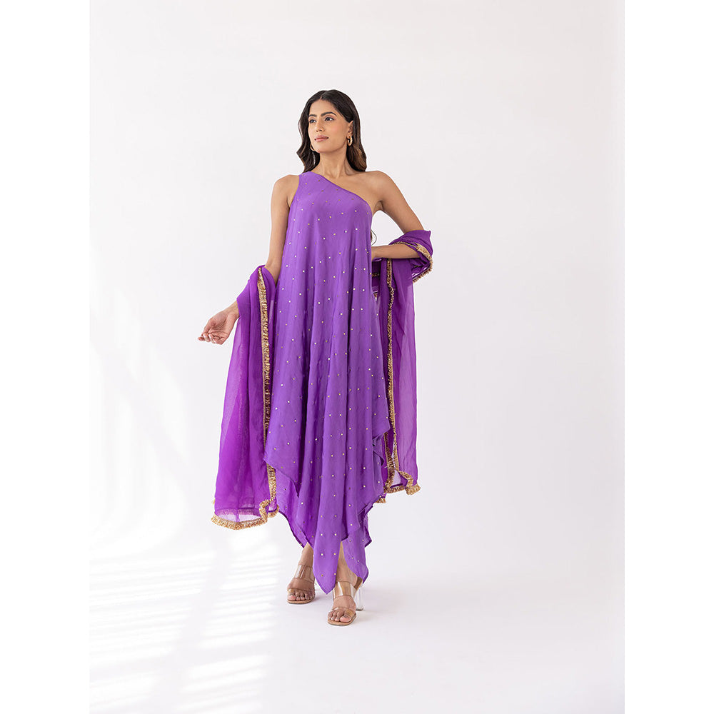 SHAAKHA Lavender Sequined Beads Sleeveless One Shoulder Kurta With Pant & Dupatta (Set of 3)
