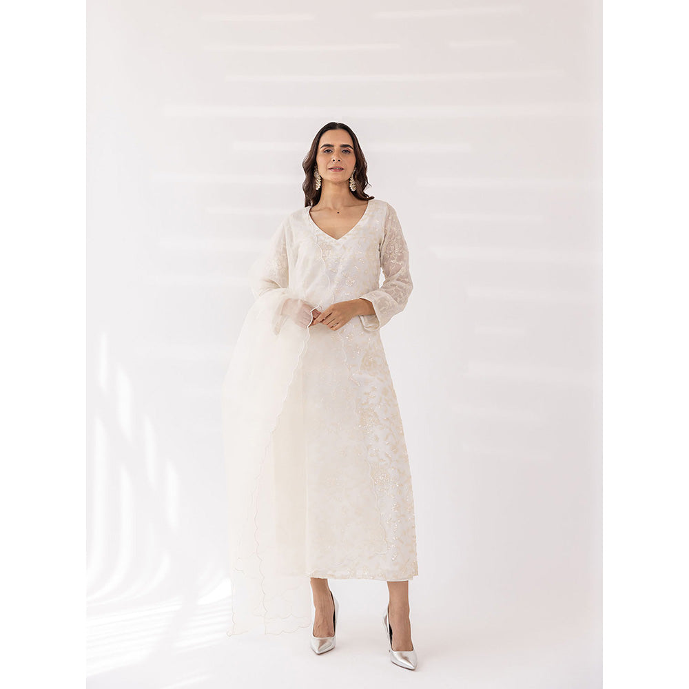 SHAAKHA White Sequined Embroidered Full Sleeves V-Neck Kurta With Pant & Dupatta (Set of 3)