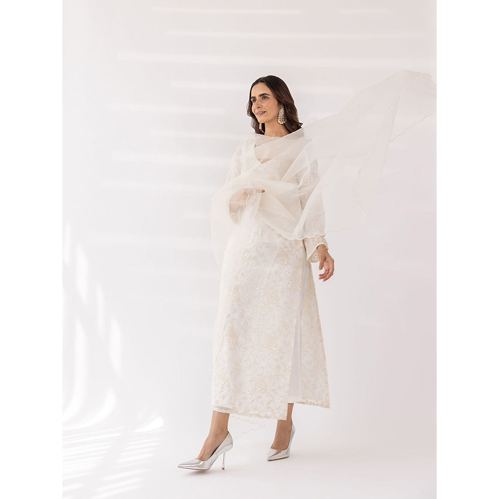 SHAAKHA White Sequined Embroidered Full Sleeves V-Neck Kurta With Pant & Dupatta (Set of 3)