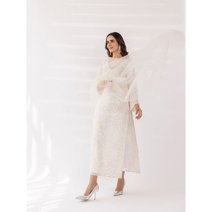 SHAAKHA White Sequined Embroidered Full Sleeves V-Neck Kurta With Pant & Dupatta (Set of 3)