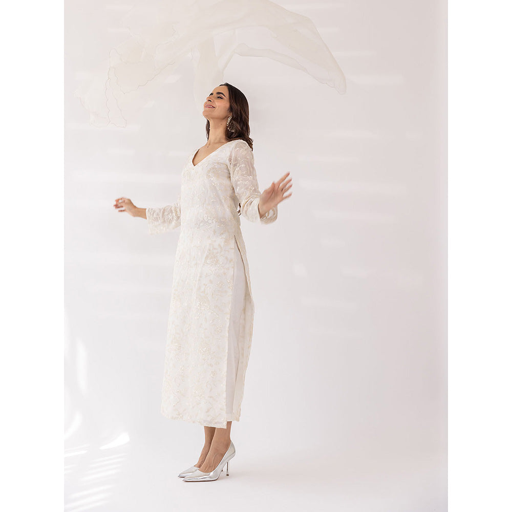 SHAAKHA White Sequined Embroidered Full Sleeves V-Neck Kurta With Pant & Dupatta (Set of 3)