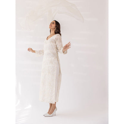 SHAAKHA White Sequined Embroidered Full Sleeves V-Neck Kurta With Pant & Dupatta (Set of 3)