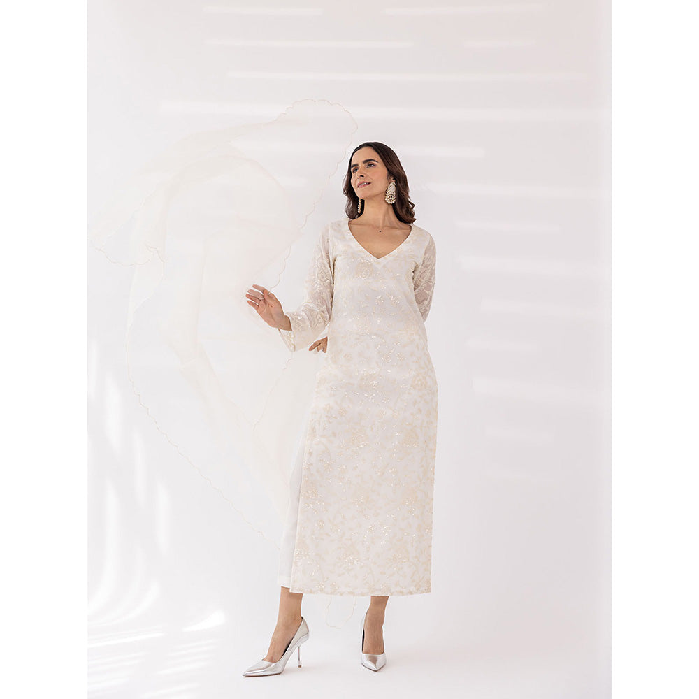 SHAAKHA White Sequined Embroidered Full Sleeves V-Neck Kurta With Pant & Dupatta (Set of 3)