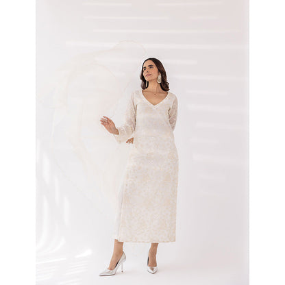 SHAAKHA White Sequined Embroidered Full Sleeves V-Neck Kurta With Pant & Dupatta (Set of 3)