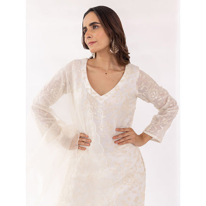 SHAAKHA White Sequined Embroidered Full Sleeves V-Neck Kurta With Pant & Dupatta (Set of 3)