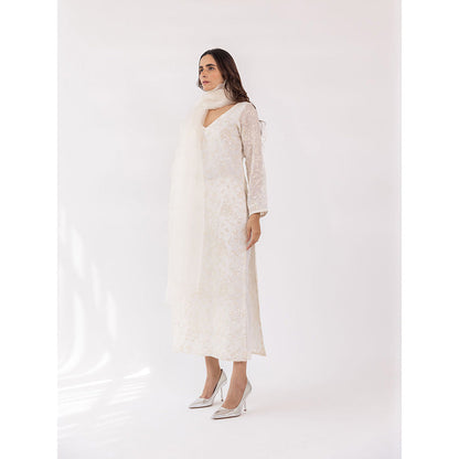 SHAAKHA White Sequined Embroidered Full Sleeves V-Neck Kurta With Pant & Dupatta (Set of 3)