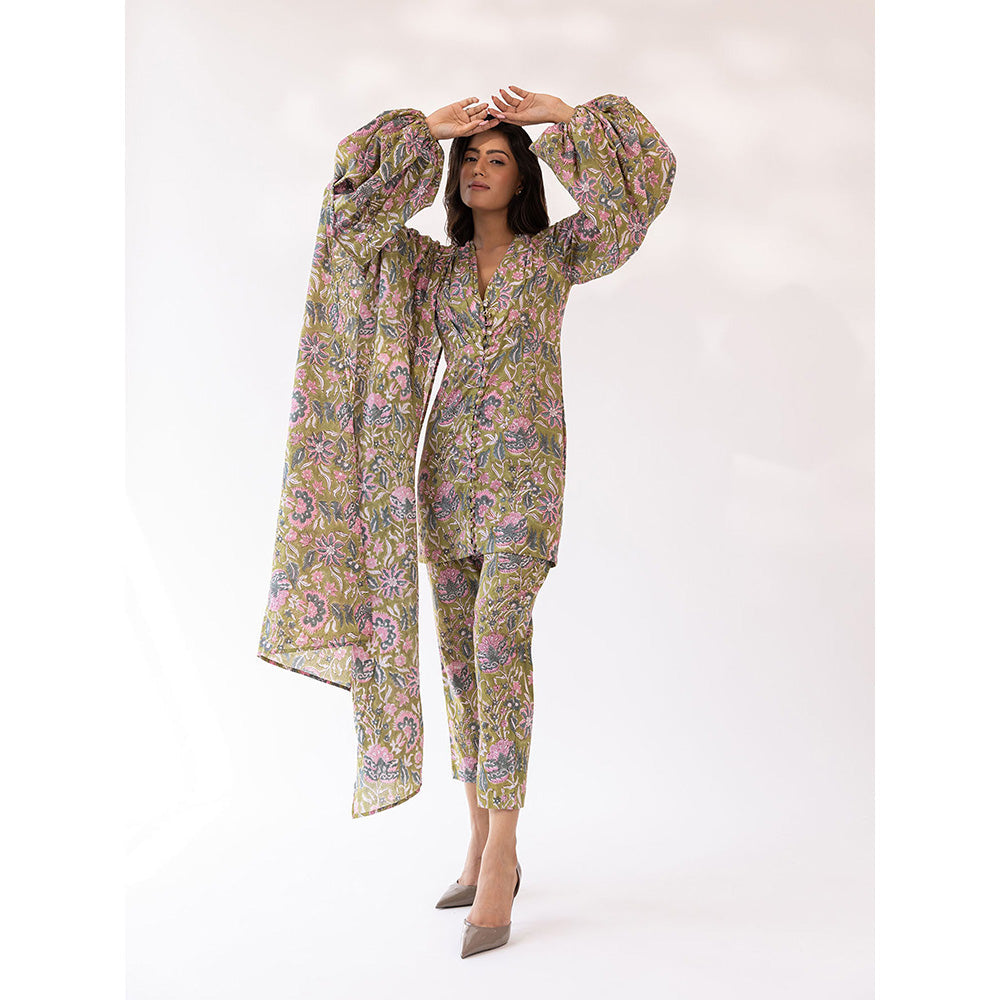 SHAAKHA Olive Floral Printed Balloon Sleeve V-Neck Kurta With Pant & Dupatta (Set of 3)