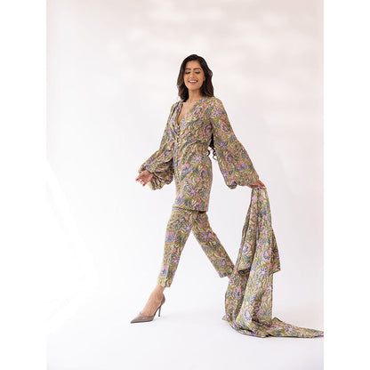 SHAAKHA Olive Floral Printed Balloon Sleeve V-Neck Kurta With Pant & Dupatta (Set of 3)