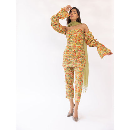 SHAAKHA Mustard Floral Full Sleeves Strapless Tube Kurta With Pant & Dupatta (Set of 3)