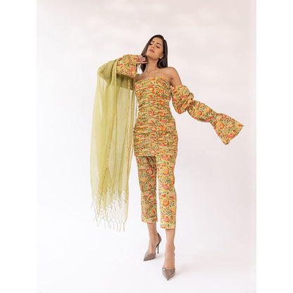 SHAAKHA Mustard Floral Full Sleeves Strapless Tube Kurta With Pant & Dupatta (Set of 3)