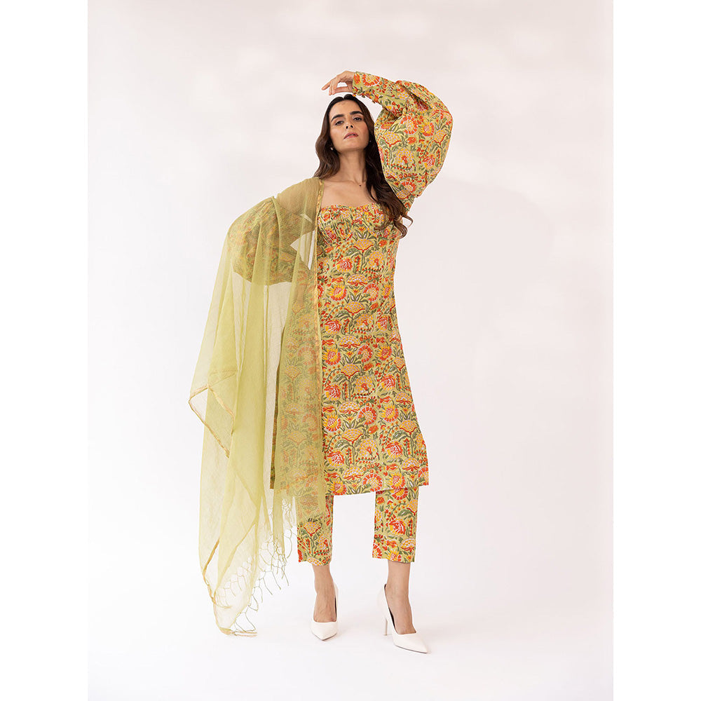 SHAAKHA Mustard Floral Balloon Sleeve Strapless Tube Kurta With Pant & Dupatta (Set of 3)