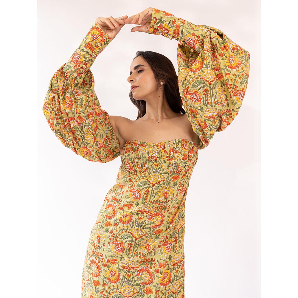 SHAAKHA Mustard Floral Balloon Sleeve Strapless Tube Kurta With Pant & Dupatta (Set of 3)