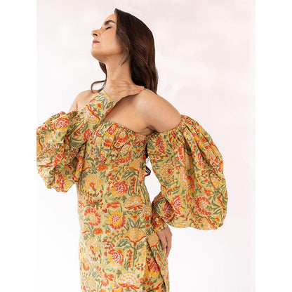 SHAAKHA Mustard Floral Balloon Sleeve Strapless Tube Kurta With Pant & Dupatta (Set of 3)