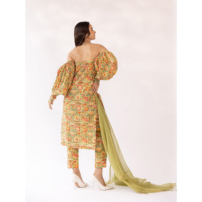 SHAAKHA Mustard Floral Balloon Sleeve Strapless Tube Kurta With Pant & Dupatta (Set of 3)
