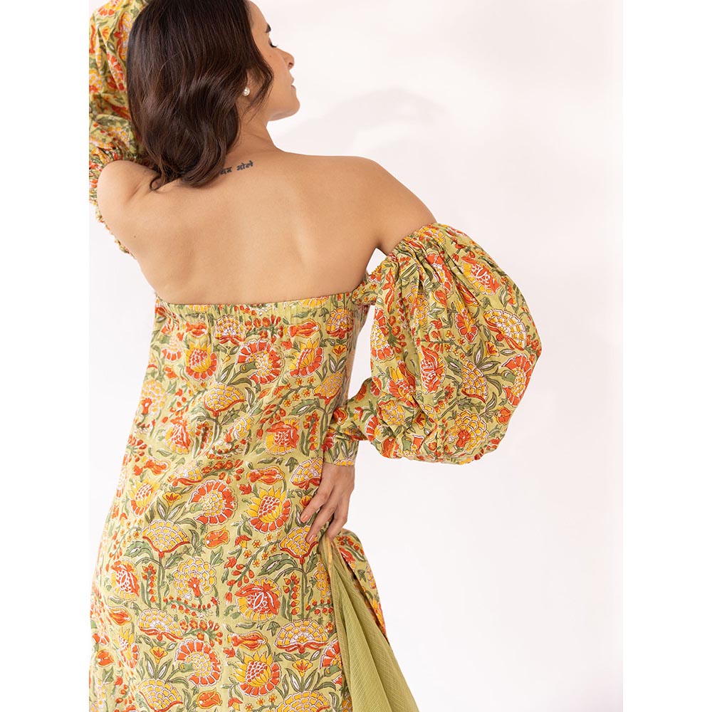 SHAAKHA Mustard Floral Balloon Sleeve Strapless Tube Kurta With Pant & Dupatta (Set of 3)