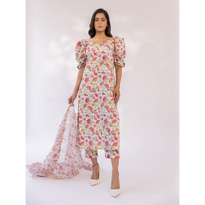 SHAAKHA White Floral Printed Puff Sleeves V-Neck Kurta With Pant & Dupatta (Set of 3)