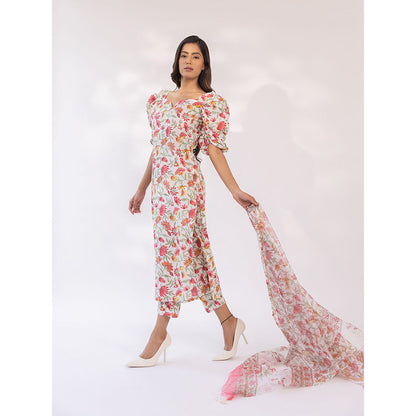 SHAAKHA White Floral Printed Puff Sleeves V-Neck Kurta With Pant & Dupatta (Set of 3)