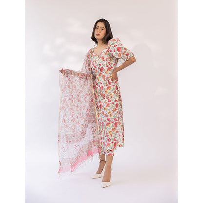 SHAAKHA White Floral Printed Puff Sleeves V-Neck Kurta With Pant & Dupatta (Set of 3)