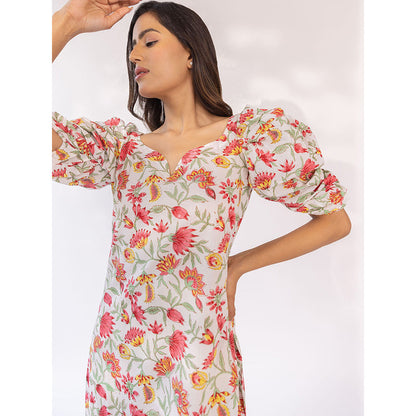 SHAAKHA White Floral Printed Puff Sleeves V-Neck Kurta With Pant & Dupatta (Set of 3)