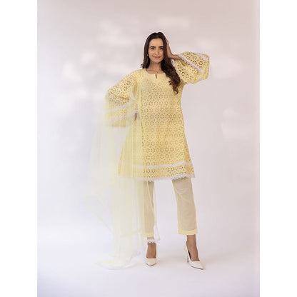 SHAAKHA Yellow Embroidered Lace Work Full Sleeves V-Neck Kurta With Pant & Dupatta (Set of 3)