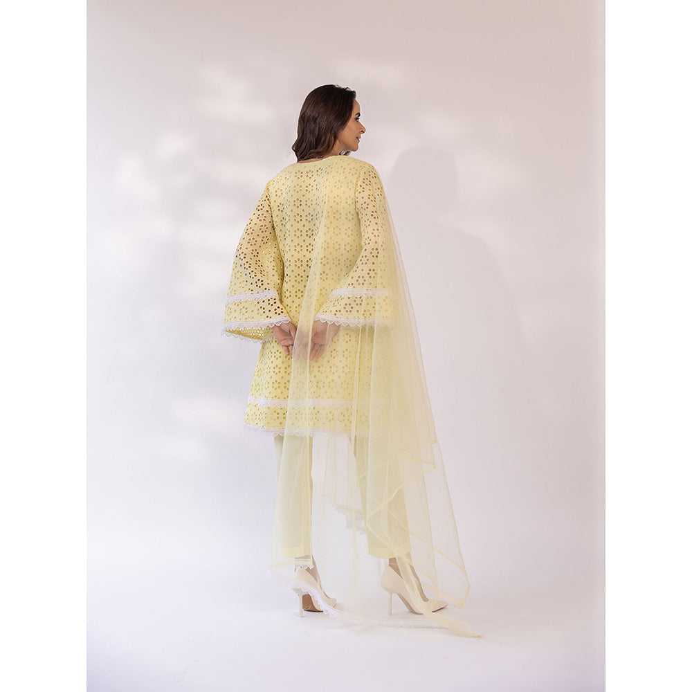 SHAAKHA Yellow Embroidered Lace Work Full Sleeves V-Neck Kurta With Pant & Dupatta (Set of 3)