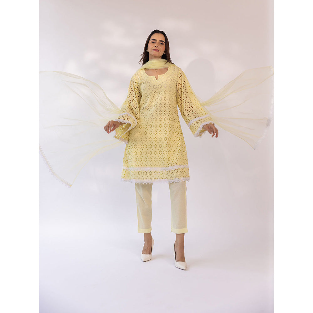 SHAAKHA Yellow Embroidered Lace Work Full Sleeves V-Neck Kurta With Pant & Dupatta (Set of 3)