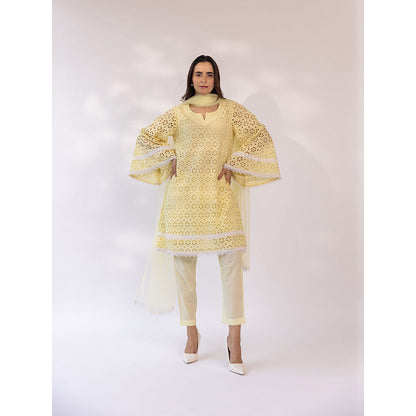SHAAKHA Yellow Embroidered Lace Work Full Sleeves V-Neck Kurta With Pant & Dupatta (Set of 3)