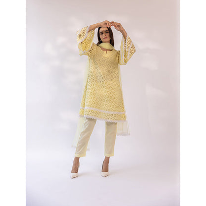 SHAAKHA Yellow Embroidered Lace Work Full Sleeves V-Neck Kurta With Pant & Dupatta (Set of 3)
