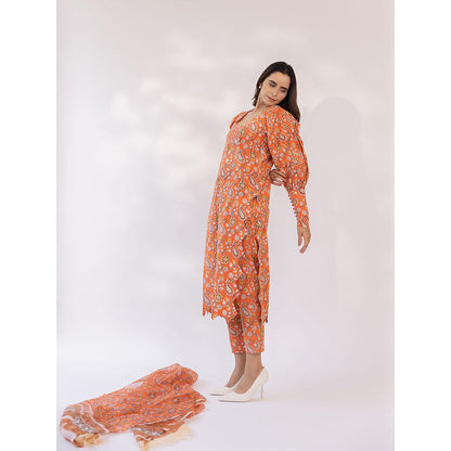 SHAAKHA Orange Paisley Printed Balloon Sleeve V-Neck Kurta With Pant & Dupatta (Set of 3)