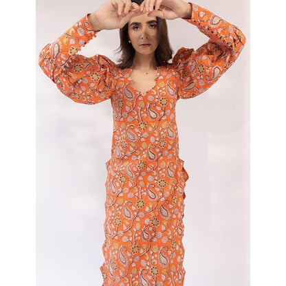 SHAAKHA Orange Paisley Printed Balloon Sleeve V-Neck Kurta With Pant & Dupatta (Set of 3)