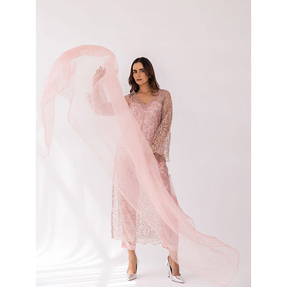 SHAAKHA Peach Embroidered Sequined Full Sleeves V-Neck Kurta With Pant & Dupatta (Set of 3)