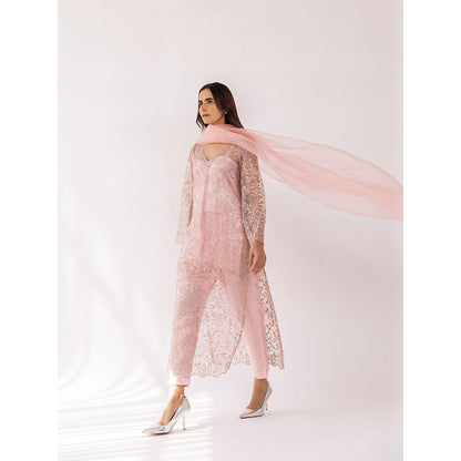 SHAAKHA Peach Embroidered Sequined Full Sleeves V-Neck Kurta With Pant & Dupatta (Set of 3)